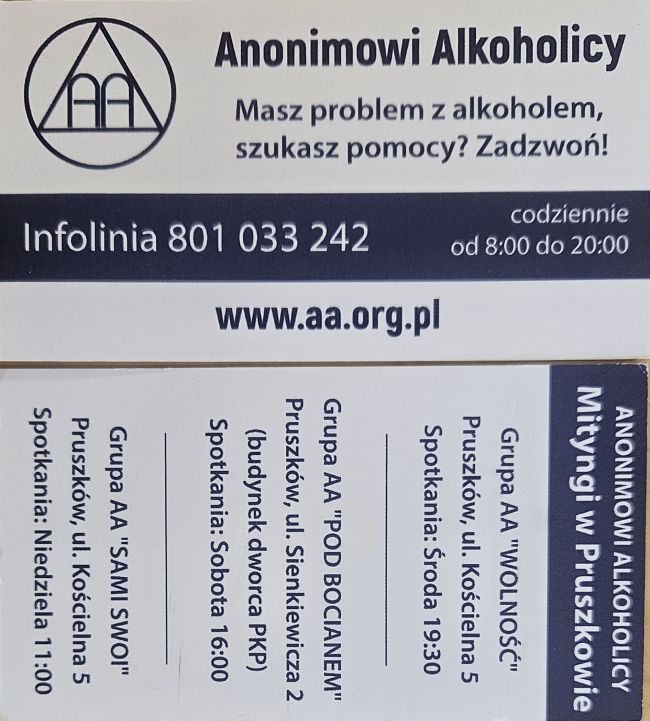 ulotka infolinii Anonimowi Alkoholicy - tel. 801 033 242